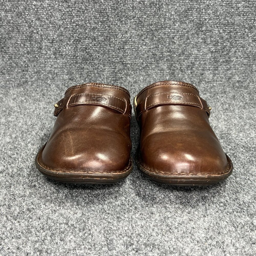 UGG Livia Mules Women's 10 Brown Leather Slip On‎ Shearling Lined Shoes Loafers - Picture 2 of 10